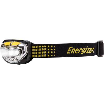 Čeona lampica s elastičnom, crnom trakom za glavu i žutim logotipom 'Energizer', osvjetljava prostornost sa dva svijetla LED svjetla.