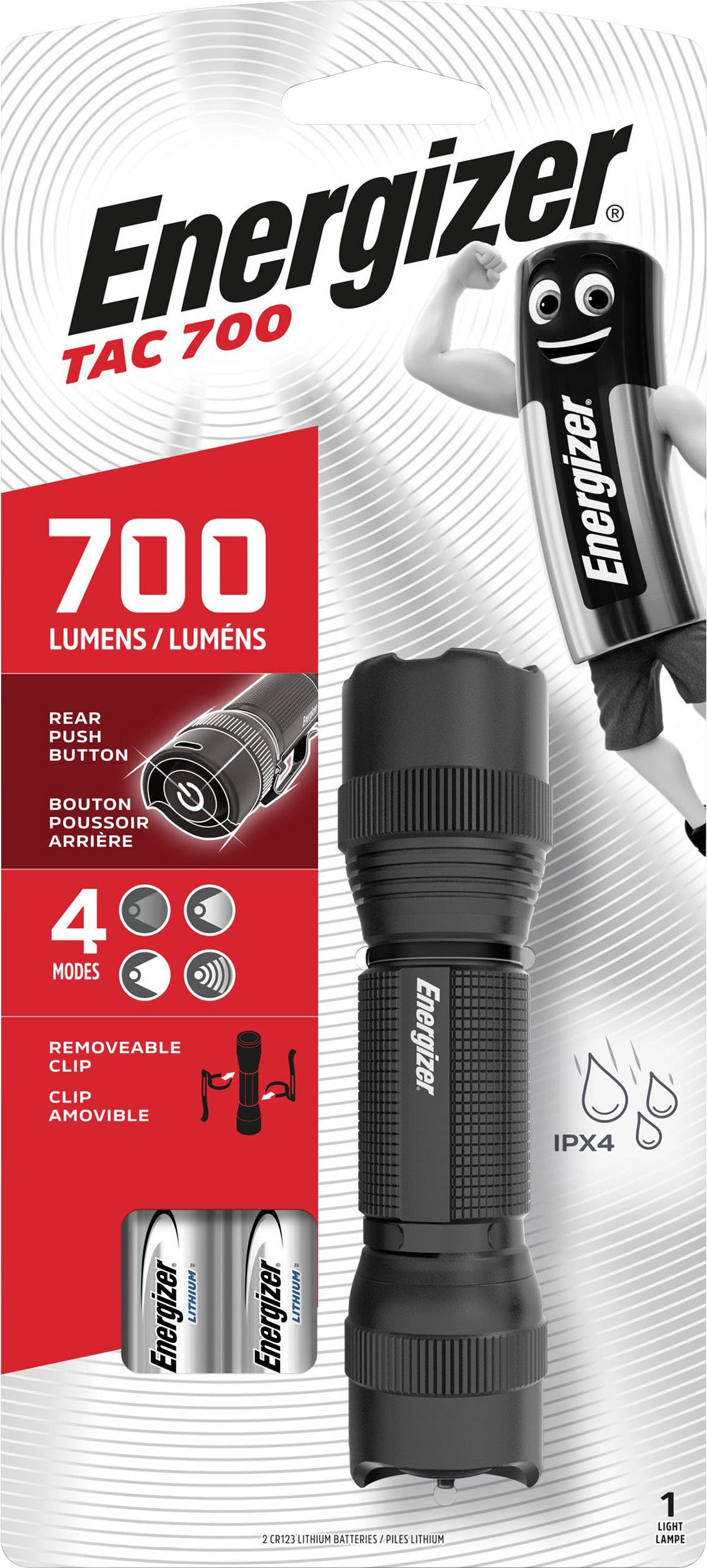 Baterijska svjetiljka Energizer TAC 700, 700 lumena, četiri načina rada, tipka za uključivanje na stražnjem dijelu, odvojivi kopčica, vodootporna prema IPX4 standardu.