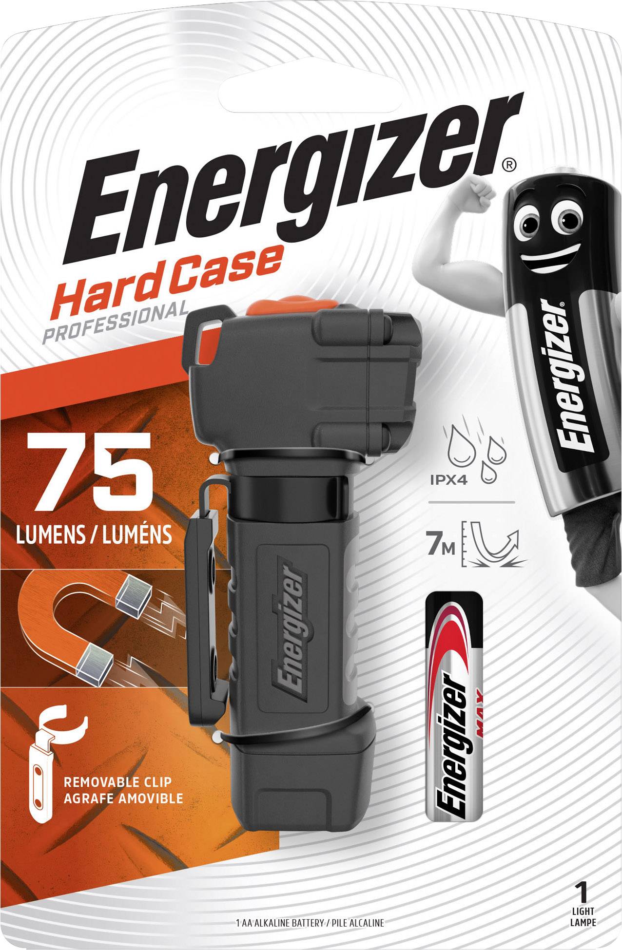 Energizer ručna LED svjetiljka u čvrstom kućištu, 75 lumena, vodootporna IPX4, uključuje bateriju, s uklonjivom kopčom, osvjetljava do 7 metara.