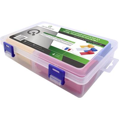 Plastična kutija sa četiri set spužvi u boji, naljepnica 'AAA-set spužvi za čišćenje 2:1', sadrži crvene, plave, žute i narančaste spužve.
