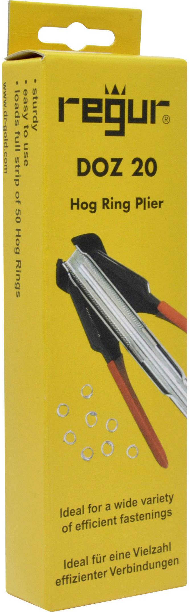 Žuta ambalaža ''regur DOZ 20 Hog Ring Plier'' škara, prikazane škare i prsteni. Tekst: ''Idealan za širok spektar učinkovitih spajanja''.
