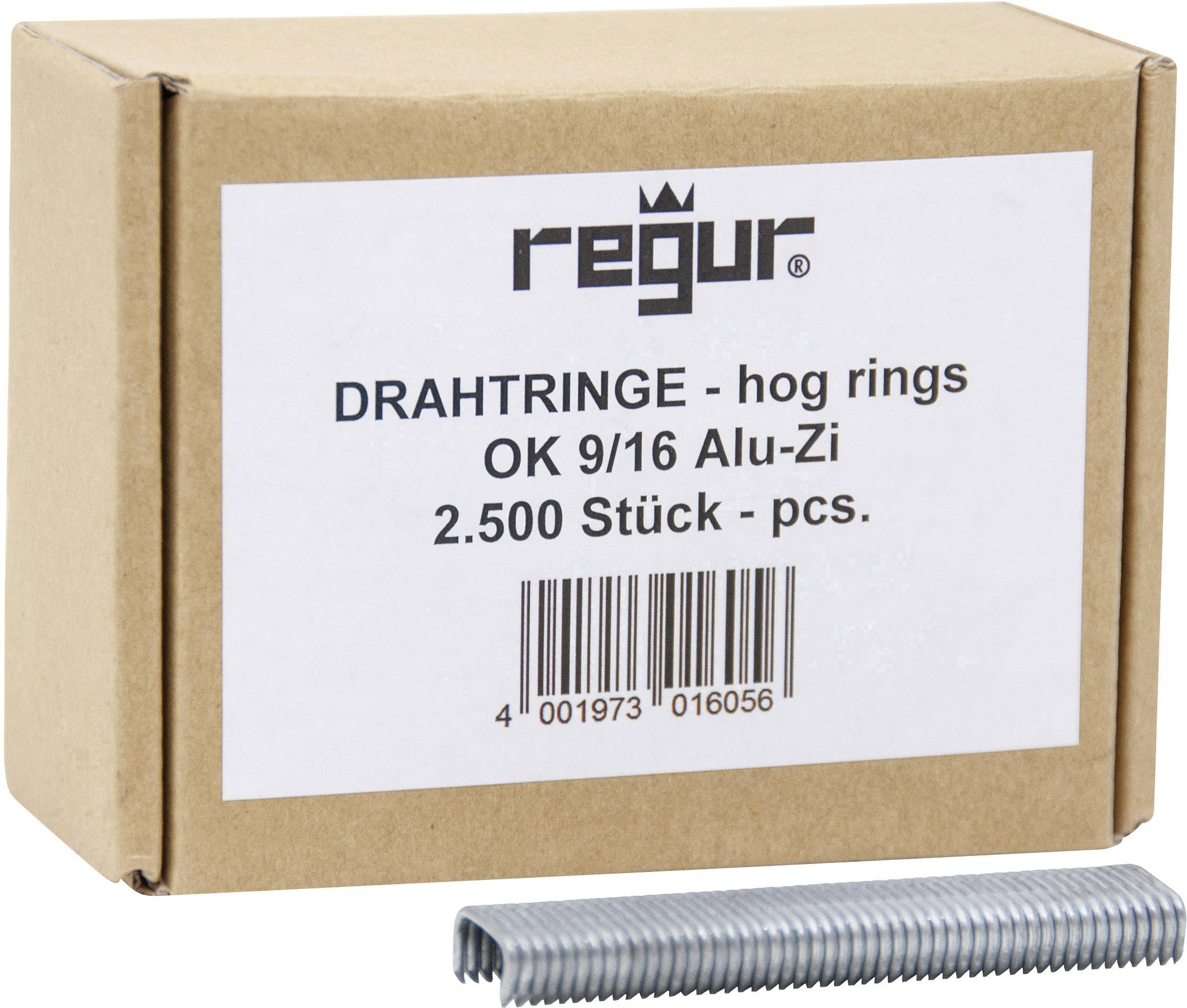Smeđa kutija s natpisom 'regur ŽIČANE PRSTENE - hog rings OK 9/16 Alu-Zi 2.500 komada - kom.' Gomila žičanih prstena leži ispred.