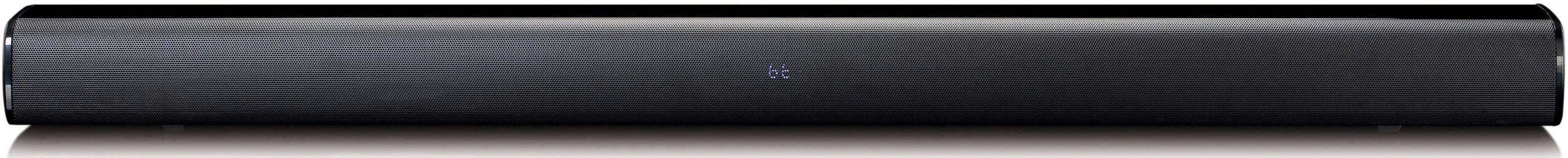 Crna soundbar s diskretnim LED osvjetljenjem u sredini, prikazuje moderni i minimalistički dizajn za poboljšani TV zvuk.