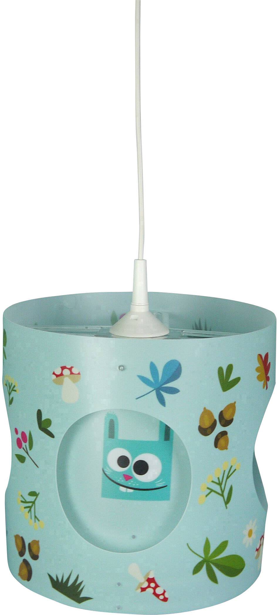 Viseća lampa s motivom životinje prikladnim djeci i uzorkom biljaka na tirkiznoj pozadini.