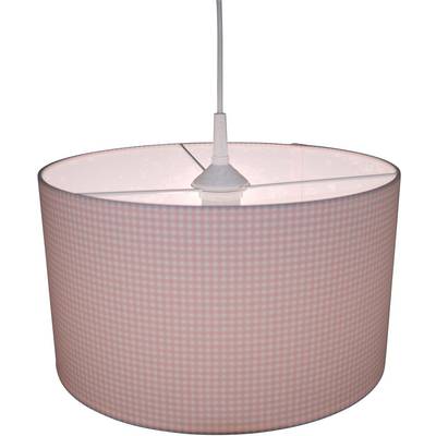 Viseća, okrugla stolna lampa s ružičasto-bijelim kariranim tekstilnim uzorkom.