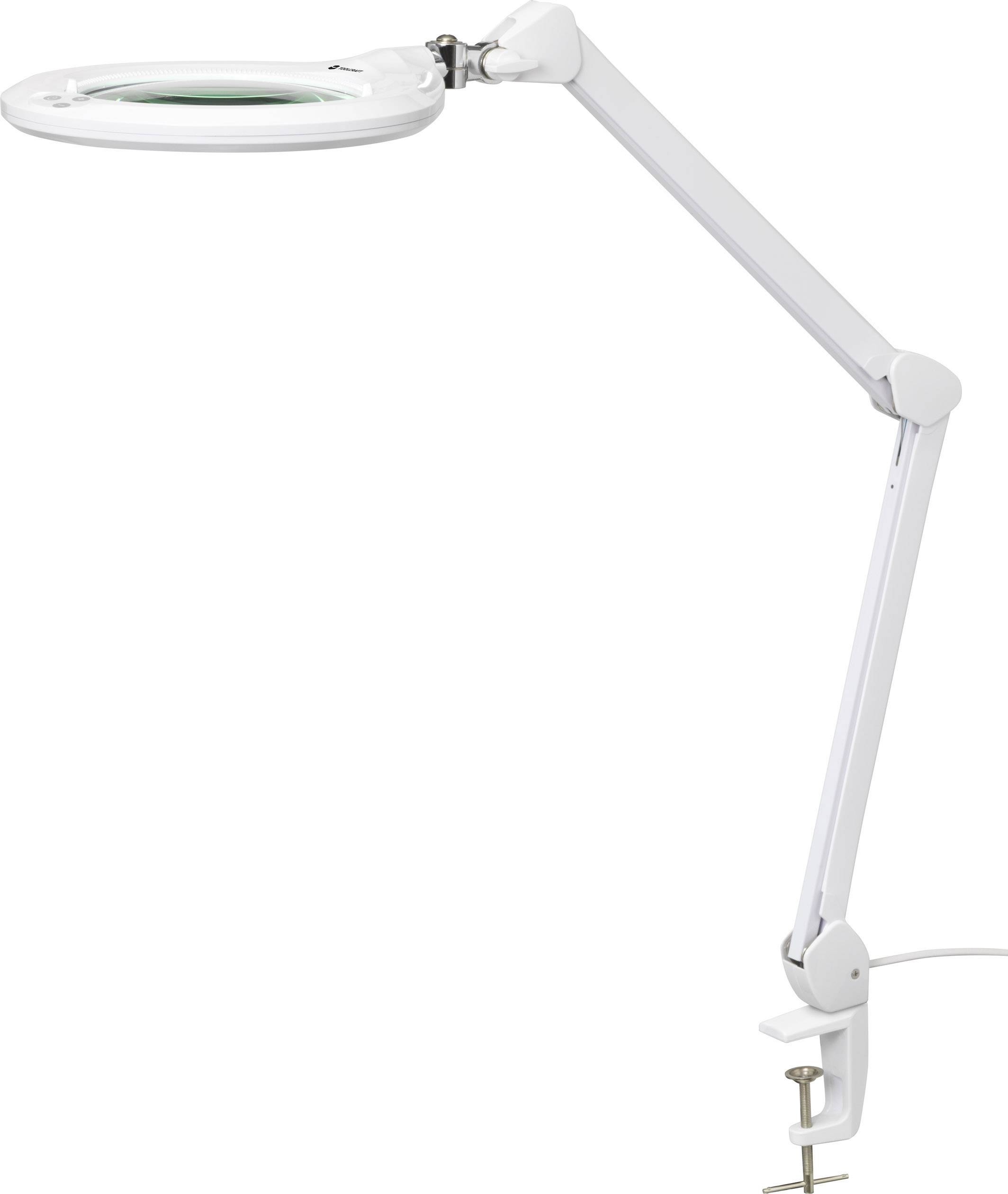 Podesiva bijela stolna lampa s lupom, pričvršćena za rub stola. Idealna za precizne radove i povećanja.