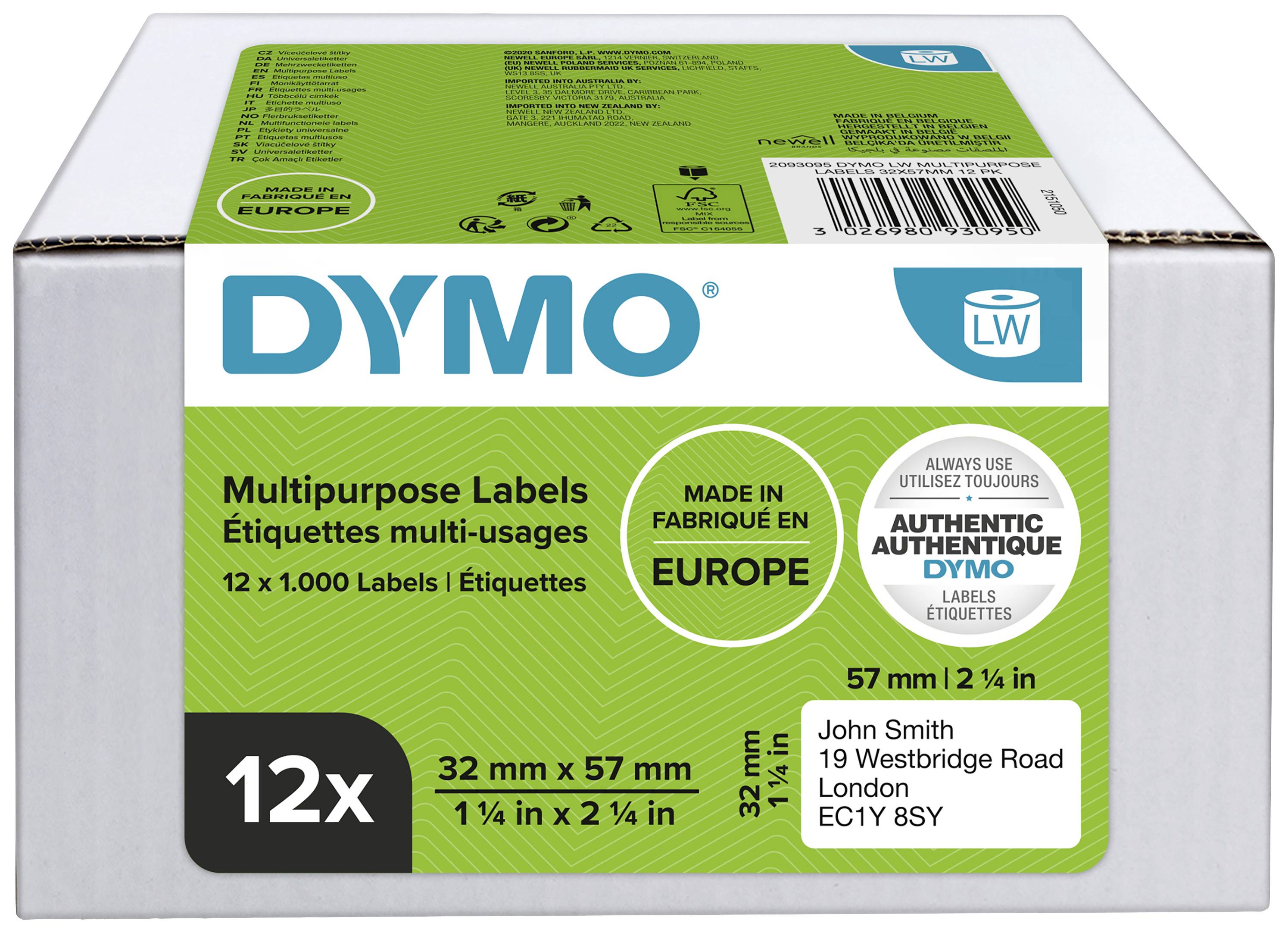 DYMO višenamjenske naljepnice, 12 rulova po 1000 naljepnica. Veličina: 32x57mm, izrađeno u Europi. Primjer adrese na naljepnici.