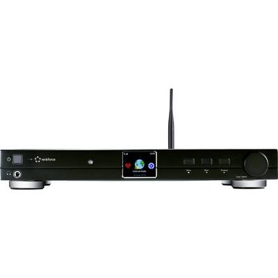 Crni kućni audio receiver s antenom, zaslonom u sredini i pet tipki na prednjoj strani.