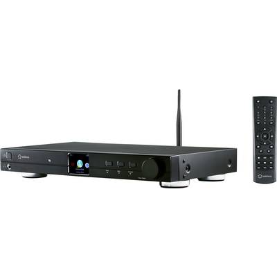 Crni AV receiver s WLAN antenom, zaslonom i daljinskim upravljačem. Glavni kontrolni elementi i priključci na prednjoj strani.