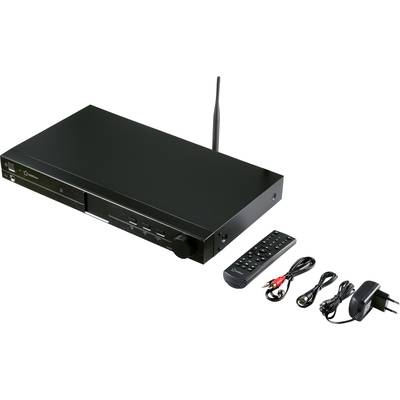 Crni media player s daljinskim upravljačem, audio kabelima i napajanjem. Idealan za kućne zabavne sustave.