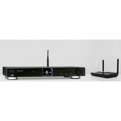 'Crni stereo receiver s antenom lijevo i mali WLAN router s dvije antene desno na bijeloj pozadini.'