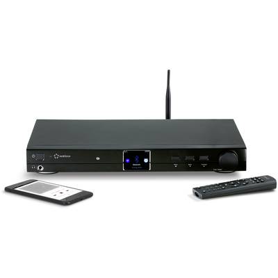 Audio pojačalo s daljinskim upravljačem i pametnim telefonom. Pojačalo na zaslonu prikazuje 'Bluetooth'.