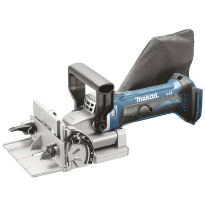 Makita LXT akumulatorska ravna glodalica prikazuje bežični električni alat s ergonomskom ručkom i vrećicom za prašinu, pogodan za spajanje drveta.