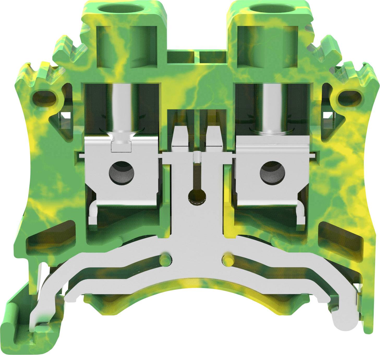 Industrijska stezaljka u presjeku, prikazuje složenu internu strukturu od zelene i žute plastike s metalnim komponentama za električne priključke.