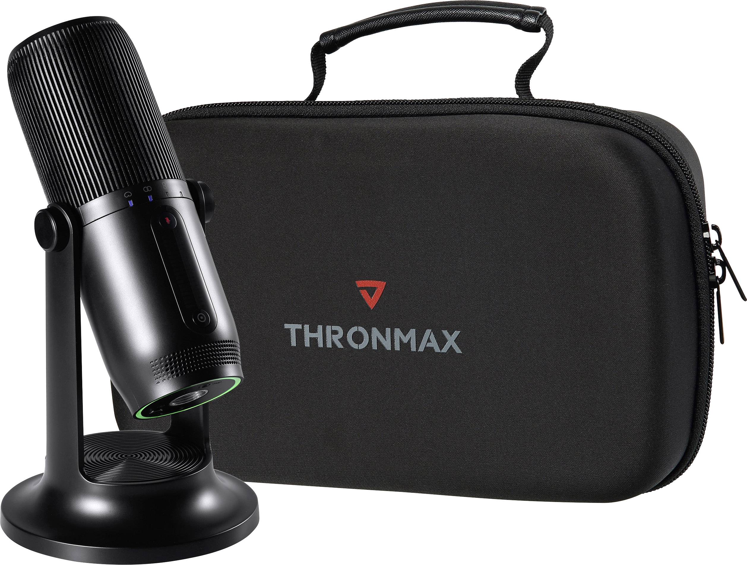 Crni mikrofon na stalku pored crne torbe s natpisom 'THRONMAX'.