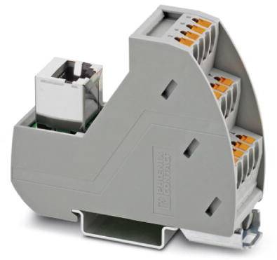 Sivi DIN-adapter za sabirnicu s RJ45 priključkom i četiri narančaste stezaljke za elektronički spoj.