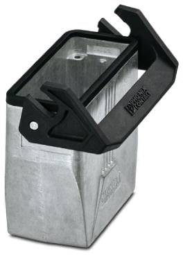 Metalna kutija s crnom ručkom za nošenje, koja se koristi za čuvanje ili prijenos predmeta.