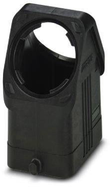 Crni, pravokutni plastični nosač s otvorenim okruglim vrhom. Vjerojatno se koristi za učvršćivanje cilindričnih objekata.