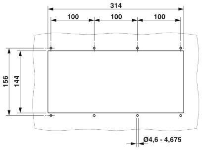 'Tehnički crtež pravokutnog objekta s dimenzijama: širina 314 mm, visina 156 mm. Provrti: Ø4,6 do Ø4,675 mm, razmaci: 100 mm.'