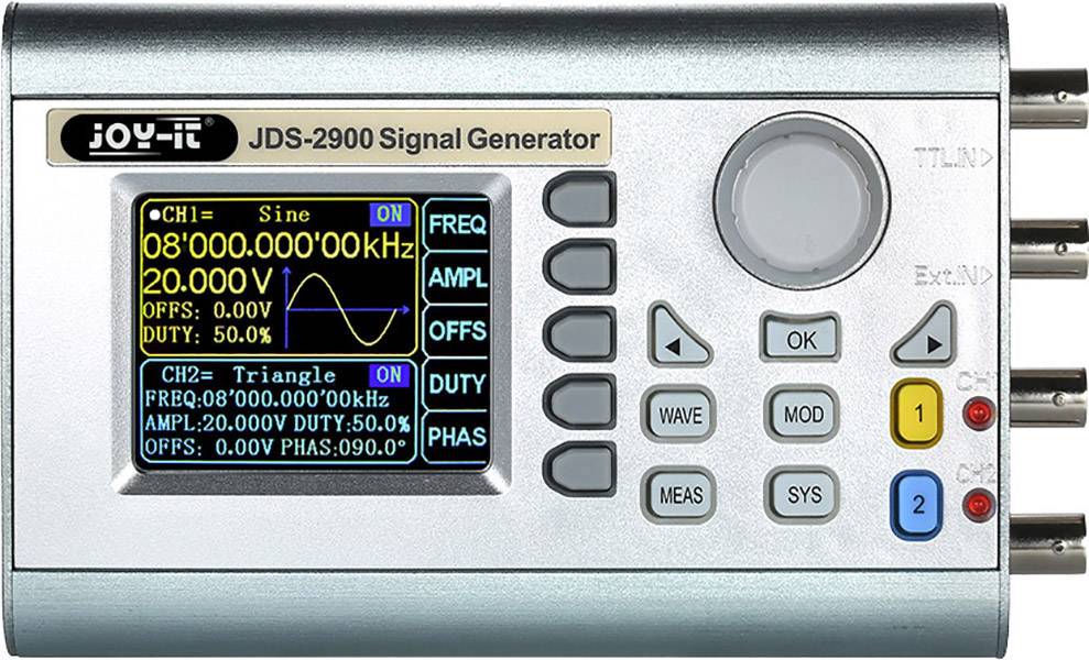 JDS-2900 generator funkcija s prikazom koji pokazuje dva kanala: CH1 (sinusni val) i CH2 (trokutasti val) s pripadajućom frekvencijom, amplitudom i pomakom.