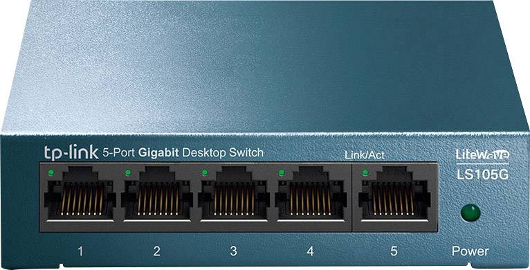 TP-Link 5-portni Gigabit Desktop Switch (model LS105G) s pet Ethernet priključaka, LED indikatorima za svaki port i LED indikatorom napajanja.