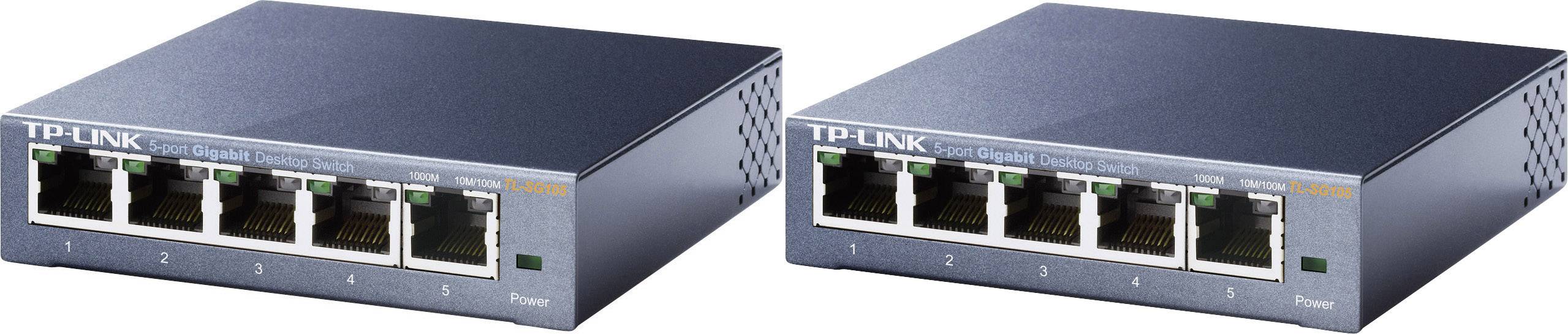 Dva TP-Link mrežna switcha, svaki s pet Ethernet priključaka, pogodna za male uredske okruženja.
