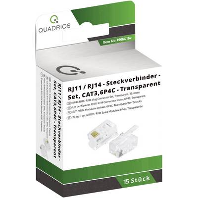 RJ11/RJ14 set priključaka, CAT3, 6P4C, prozirni, 15 komada. QuadrioS logo gore lijevo na pakiranju.