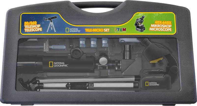 Teleskop i mikroskop set National Geographic u prozirnom plastičnom kovčegu s priborom. Uključuje teleskop 50/360 i mikroskop 40x-640x.