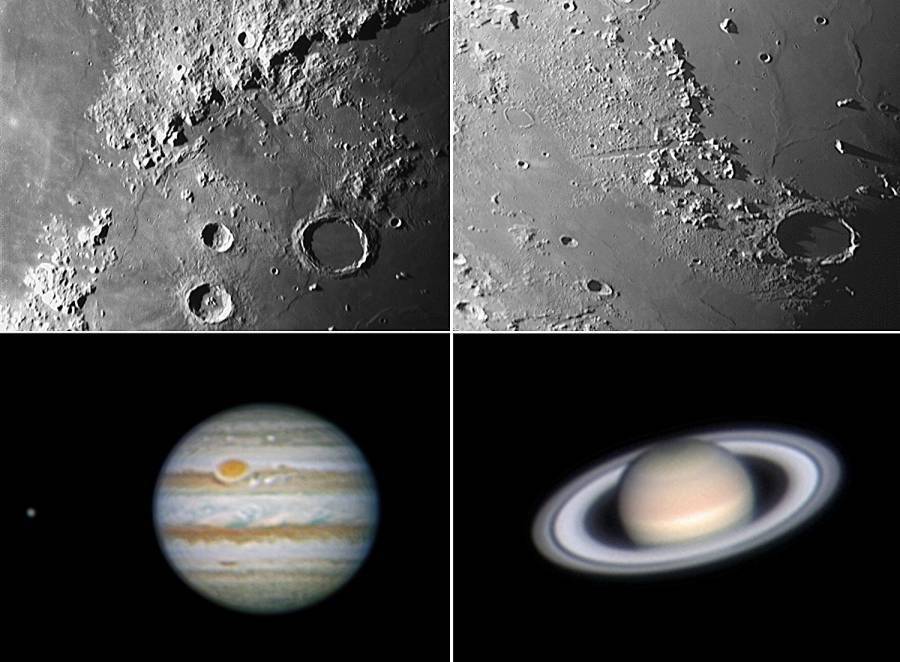 Gore: Bliski kadar kratera na Mjesecu. Dolje lijevo: Jupiter s vidljivom Velikom crvenom pjegom. Dolje desno: Saturn sa svojim prstenovima.