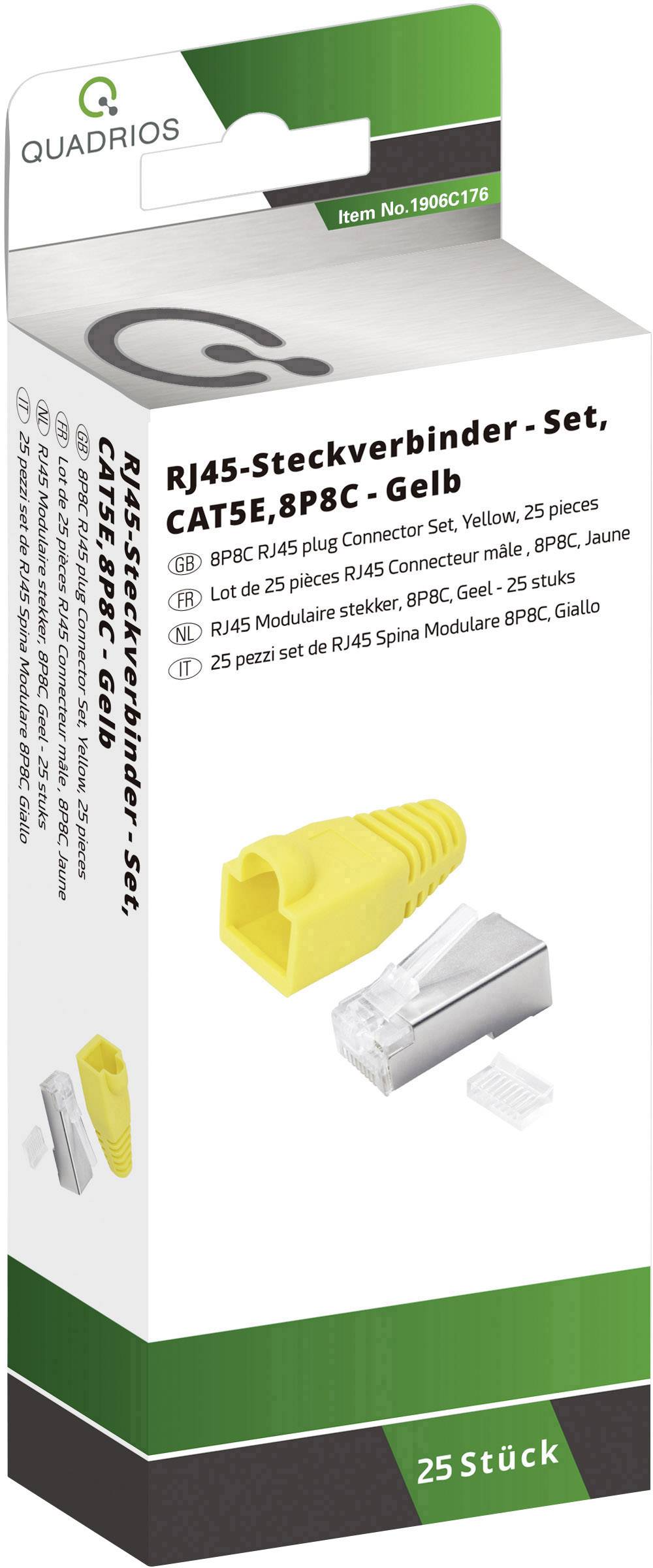 Paket RJ45 utičnica seta za CAT5E i 8P8C, žute boje, sa 25 komada. Uključuje prikaze utičnica.