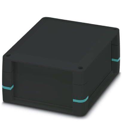 Crno, pravokutno kućište s plavim prugama sa strana. Podesivo za tehničke primjene ili elektroničke kutije.