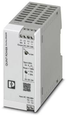 Industrijski mrežni napajač u kućištu s oznakama: 'QUINT POWER', ulaz: AC 100-240V, izlaz: DC 24V/5A. Sadrži statusne indikatore.