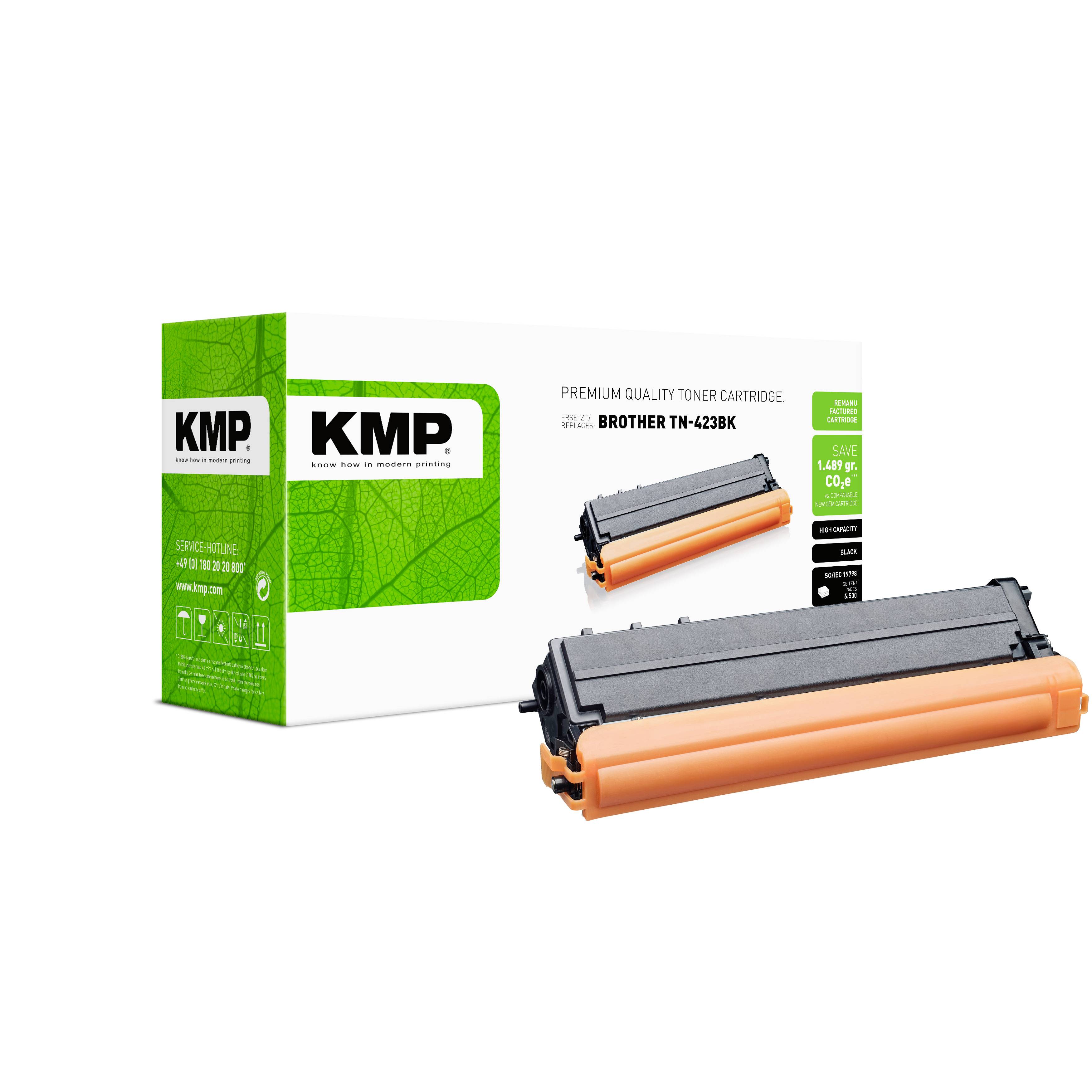 KMP toner kaseta premium kvalitete za Brother TN-423BK, prikazana s pakiranjem i kasetom na bijeloj pozadini.