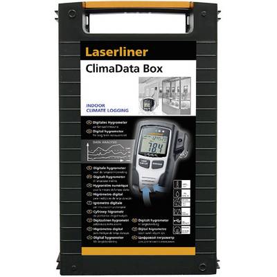 Crna plastična kutija s narančastom ručkom. Natpis 'Laserliner ClimaData Box'. Prikazuje dijagrame i digitalni higrometar.