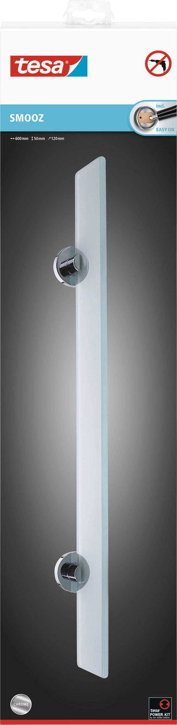 Pakiranje Tesa-ovog proizvoda pod nazivom SMOOZ. Uključuje staklenu policu za tuš s dva nosača, pogodan za kupaonicu.