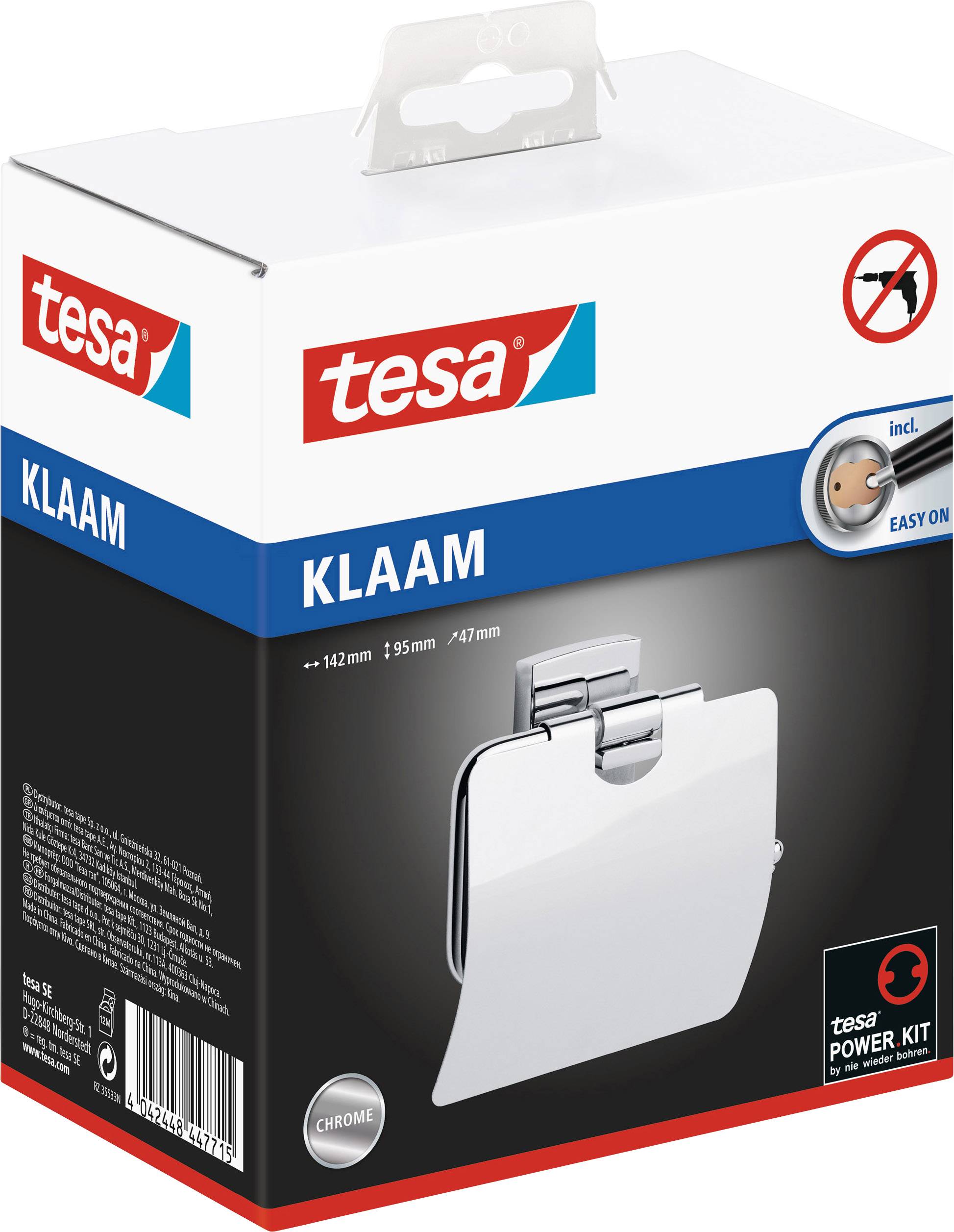 Pakiranja 'tesa KLAAM' kromiranog držača toaletnog papira sa sustavom jednostavne montaže Easy-On, dimenzija 142x155x47 mm.
