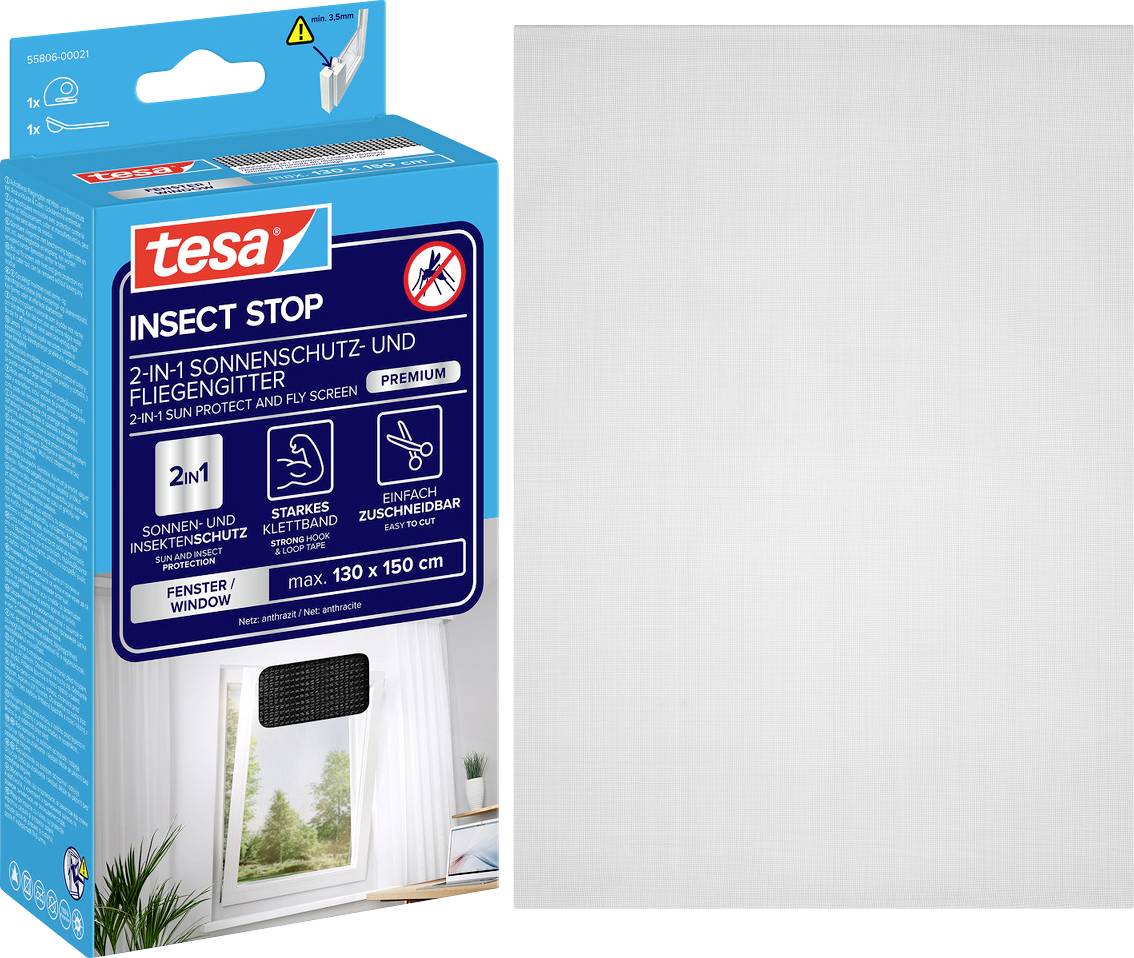 Pakovanje za 'tesa Insect Stop' zaštitu od sunca 2-u-1 i mrežu od insekata, prikazano s bijelom panelom mrežaste pregrade.