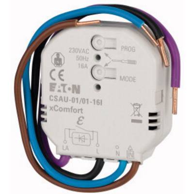 Bijeli električni prekidač s više priključenih obojenih žica. Na natpisu piše 'Eaton xComfort' i tehnička specifikacija.