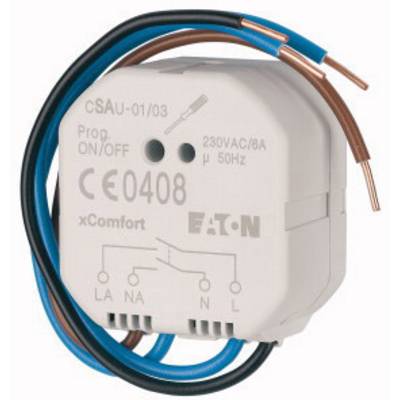 Bijeli električni prekidač tvrtke Eaton s plavim i smeđim kabelima, oznaka '230VAC/6A', model 'CSAU-01/03'.
