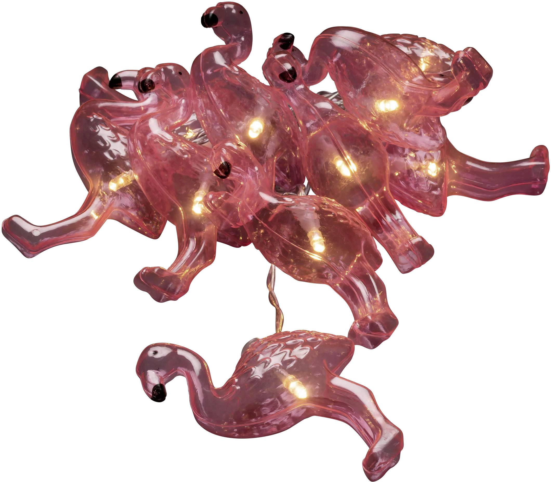 Lanac svjetiljki sastoji se od ružičastih, prozirnih plastičnih flaminga koji su osvjetljeni i mogu se dekorativno obesiti.