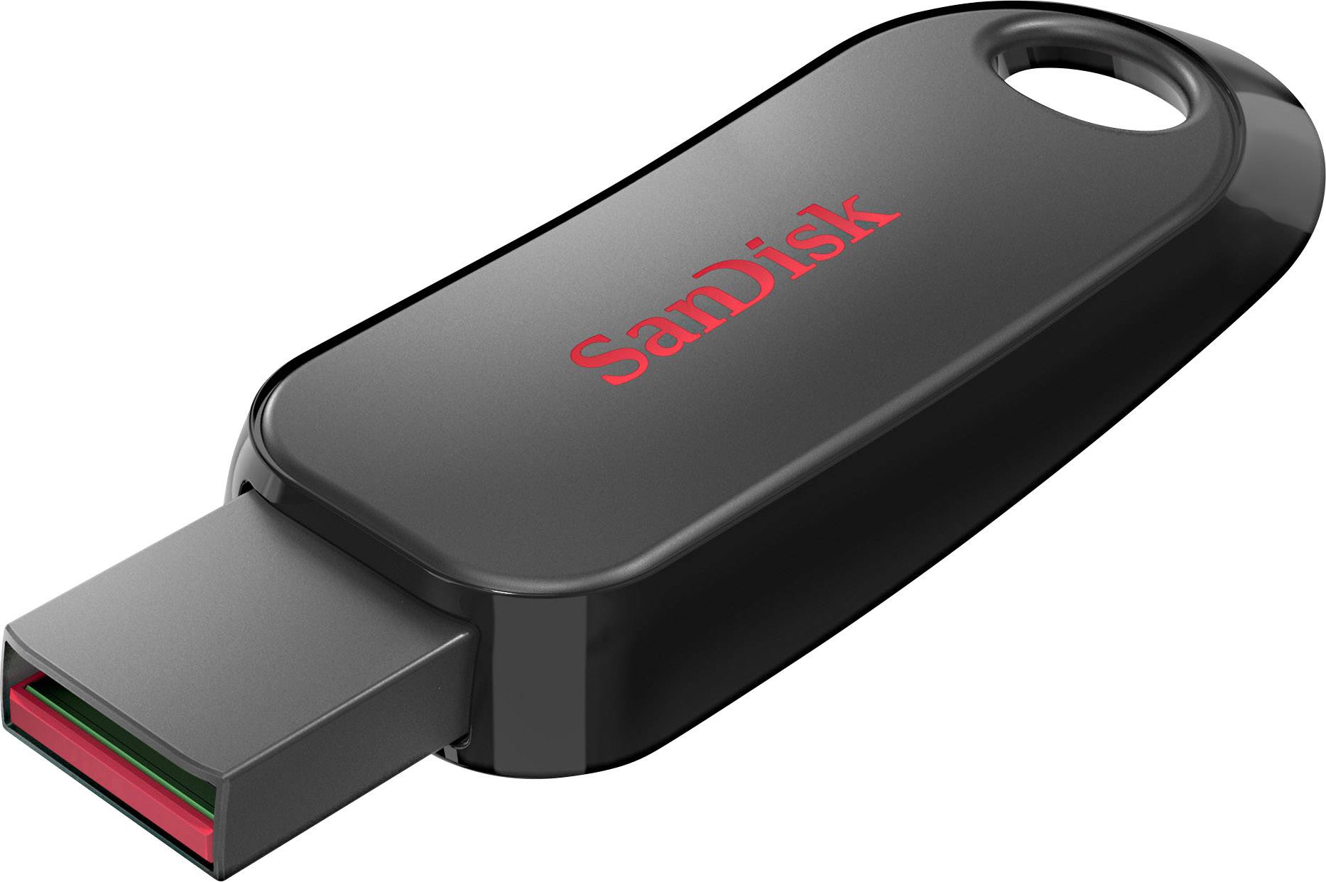 Crni USB stick marke SanDisk s crvenim logotipom, uvlačivim priključkom i rupom za privjesak za ključeve.
