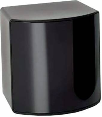 Crni, pravokutni, sjajni zvučnik zaobljenih rubova, pogodan za moderni dizajn doma ili ureda.