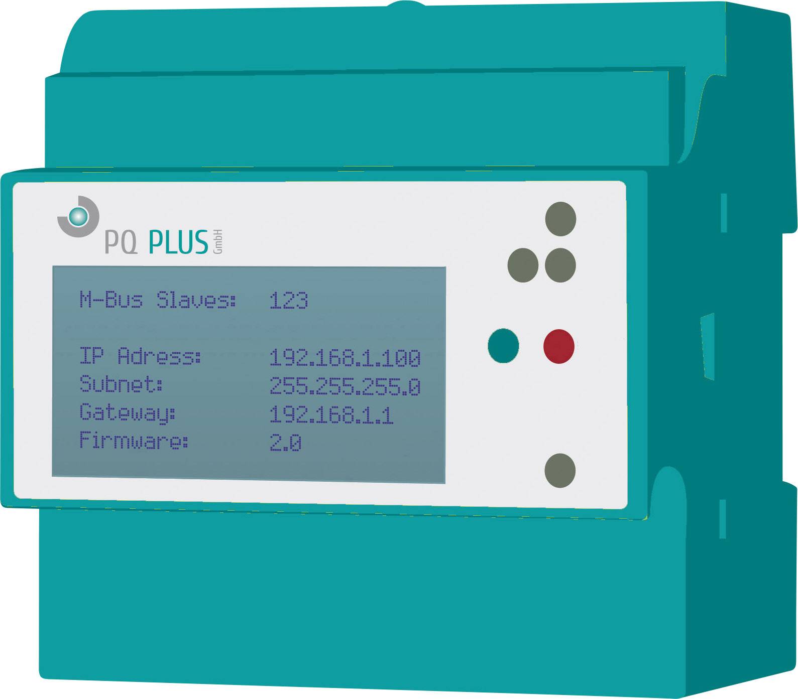 Zeleni M-Bus uređaj s zaslonom koji prikazuje mrežne informacije poput IP adrese (192.168.1.100), podmreže, pristupnika i verzije firmware-a (2.0).