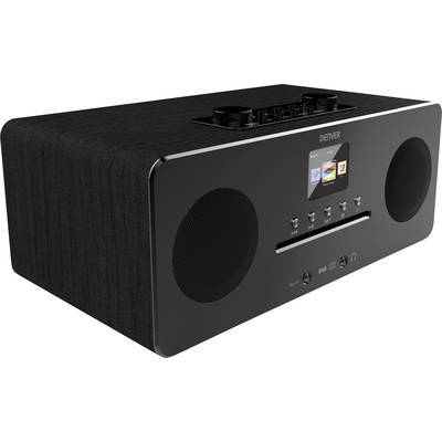Crni radio s digitalnim zaslonom i nekoliko gumba, rešetke zvučnika lijevo i desno, utor za CD u sredini.