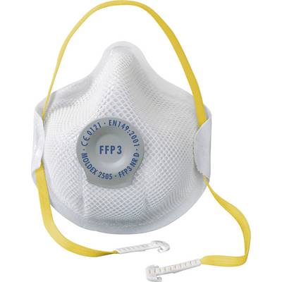 Bijela FFP3 zaštitna maska s žutim trakama i ventilom, pogodna za zaštitu od sitnih čestica i aerosola.
