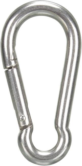 Srebrni metalni karabiner ovalnog oblika s opružnim mehanizmom koji se može otvoriti i zatvoriti.