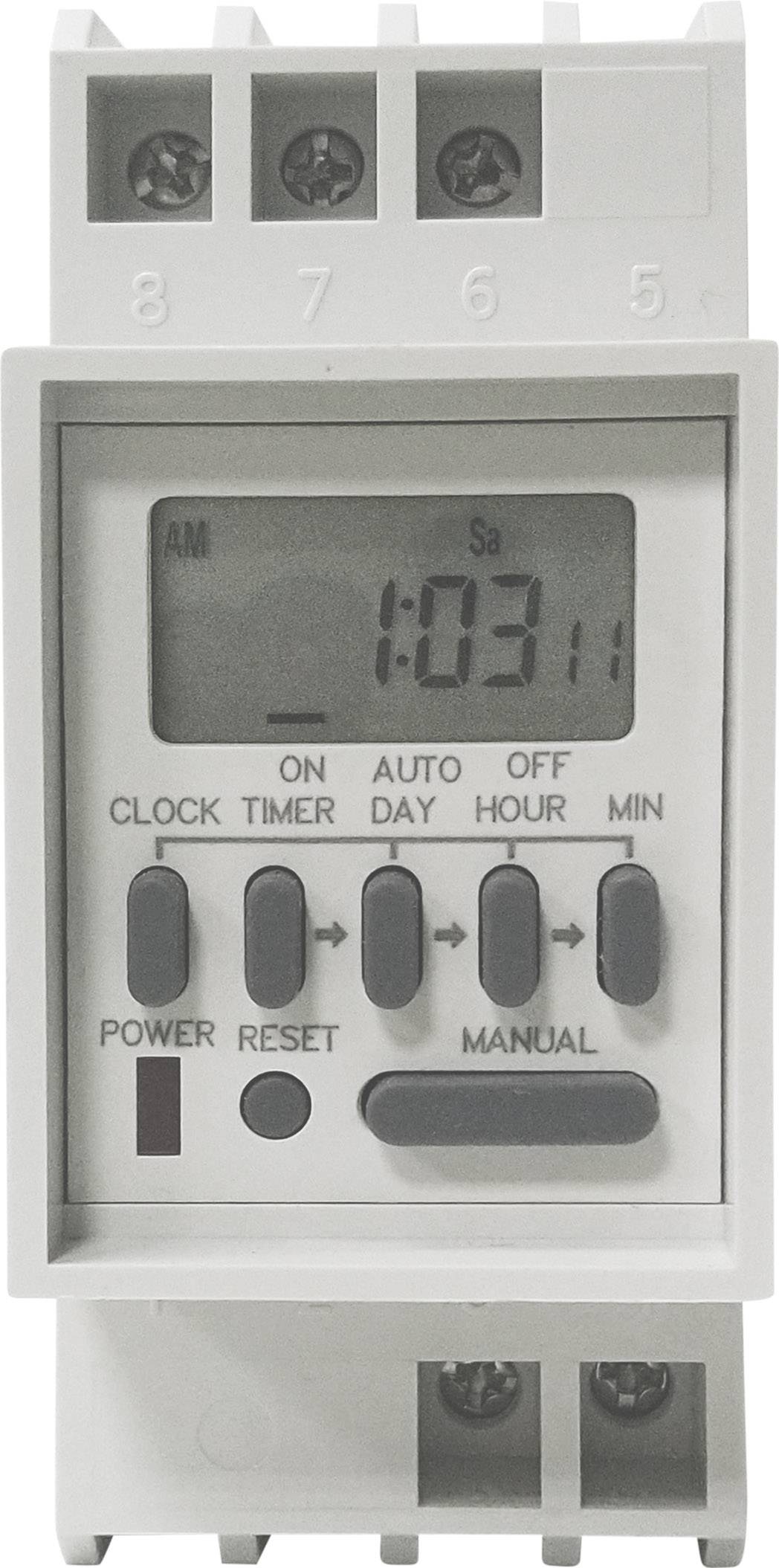 Digitalni vremenski prekidač s LCD zaslonom prikazuje 'Su 1:03:11 AM'. Tipke za programiranje: ON, AUTO, OFF, TIMER, DAN, SAT, MIN.
