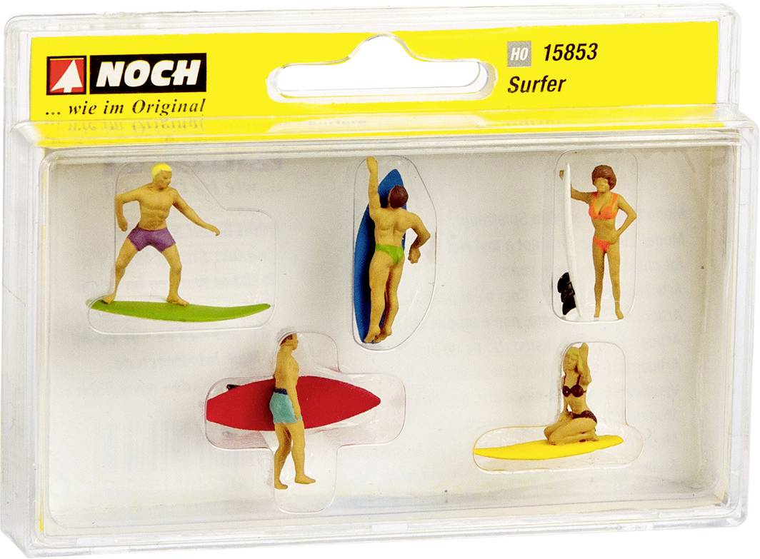 Pet mini figura surfera u kupaćim kostimima, zapakiranih u plastičnu kutiju sa žutim natpisom 'NOCH Surfer 15853'.