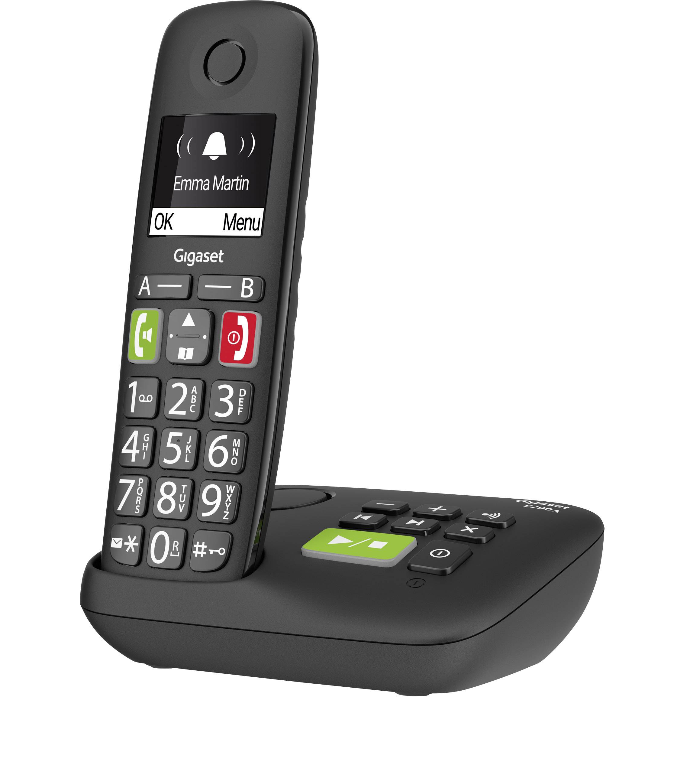 Bežični telefon s punjačem, crnog dizajna, prikazuje ime 'Emma Martin' na zaslonu, s jasnim numeriranjem i velikim tipkama.