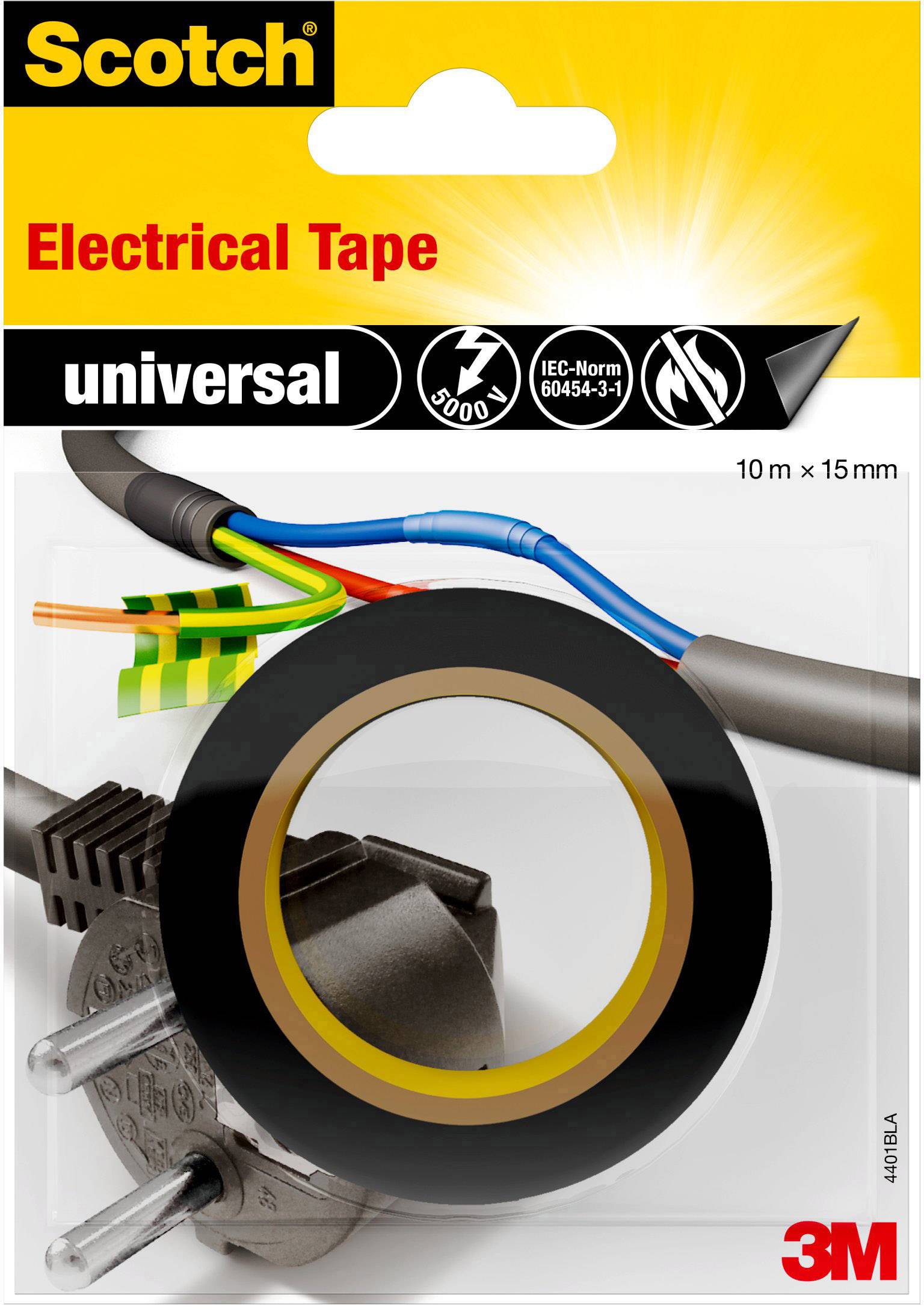 Pakiranje Scotch Universal izolacijske trake, crne, 10 m x 15 mm. Na slici je crna izolacijska traka za električne kabove.